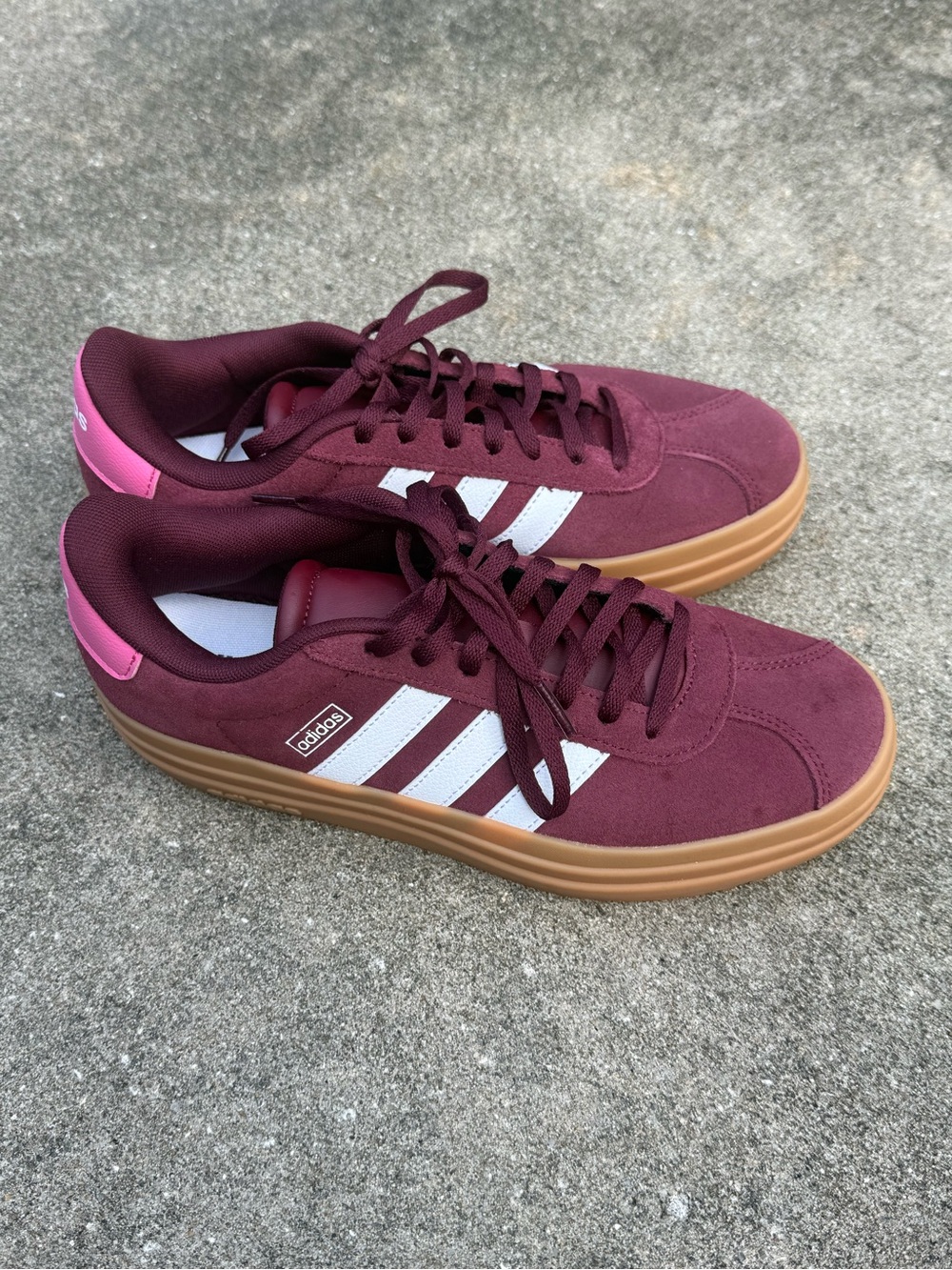 adidas Court Bold Maroon Suede Sneakers with White Stripes and Gum Sole